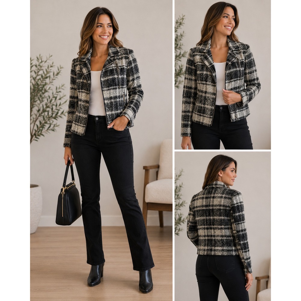 Lucky Brand Women's Black Gray Plaid Knit Zip‑Up Jacket Pockets Size Large